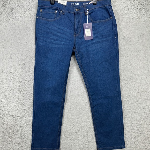 Izod Mens Slim Fit Jeans 36X32 Blue Distressed Comfort Stretch Denim‎ Pants NEW